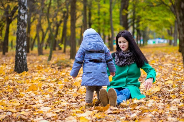 Matka z synem mało odgrywa w jesienny park — Zdjęcie stockowe