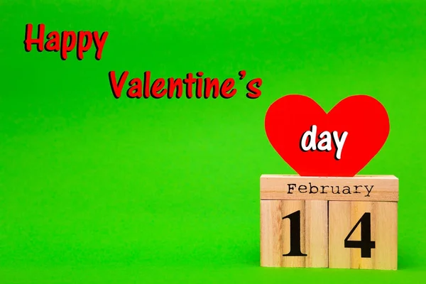 Happy Valentines Day Card Red Paper Heart Wooden Calendar Green — Stock Photo, Image