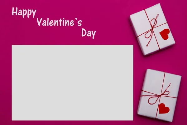 Happy Valentines Day Composition White Blank Paper Love Gift Boxes — Stock Photo, Image