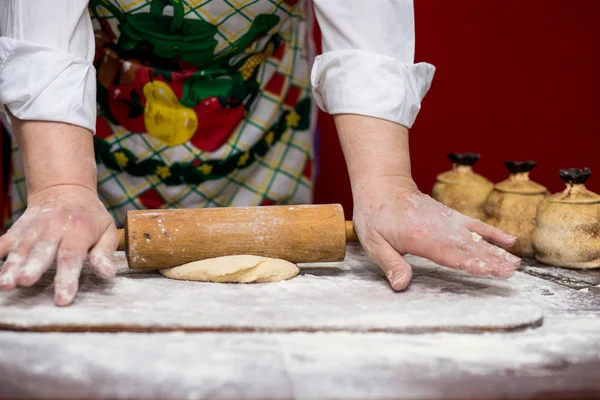 Close Female Baker Hands Kneading Dough Making Bread Rolling Pin — Stock Photo, Image