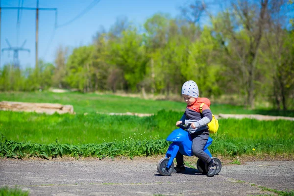 Little boy riding toy motorbike in green sunny park. Active childhood