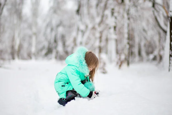 Petite fille drôle s'amusant dans un beau parc pendant les chutes de neige — Photo