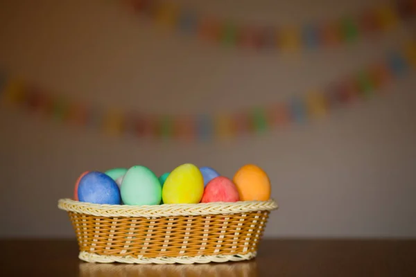 Easter Eggs Wooden Basket Dark Rustic Background — Stock Photo, Image