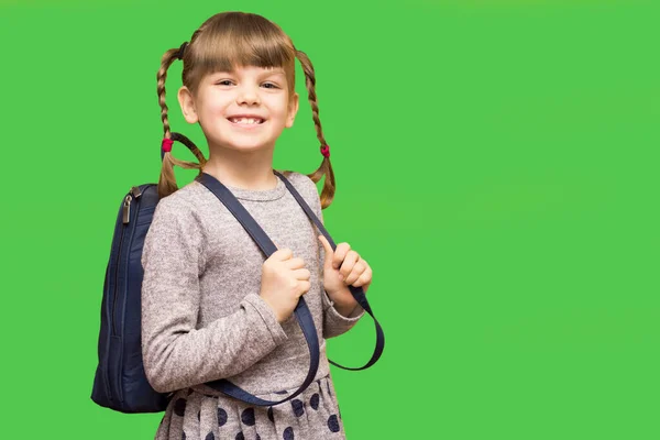 Χαρούμενο Χαμογελαστό Κορίτσι Πάει Σχολείο Για Πρώτη Φορά Παιδί Σχολική — Φωτογραφία Αρχείου