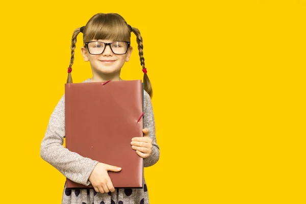 Mała Radosna Dziewczynka Okularach Poważną Twarzą Śmiesznymi Warkoczami Trzymająca Szkolne — Zdjęcie stockowe