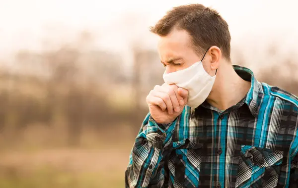 Flu Konsep Dingin Portrait Young Man Feeling Sick Batuk Wearing — Stok Foto