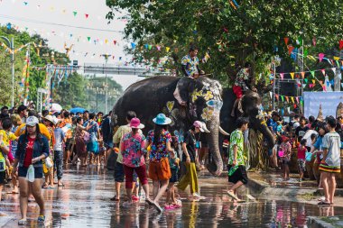 Su Songkran Festivali sırasında 13 Nisan 2018 Ayutthaya, Tayland sıçramasına fil.