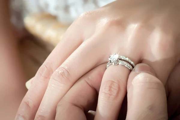 Groom Wears Bride Wedding Ring — Stock Photo, Image