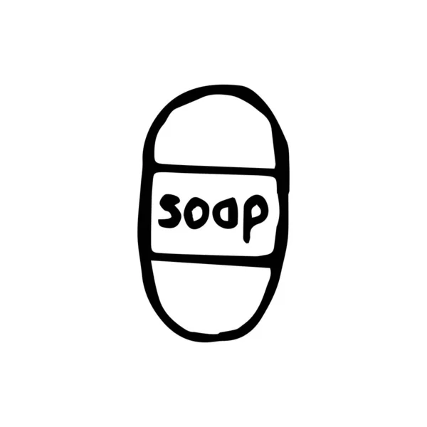 Savon de ligne noire dessiné à la main sur fond blanc isolé. Illustration vectorielle de savon. Accessoires de bain pour l'hygiène. Le mot croquis savon. — Image vectorielle