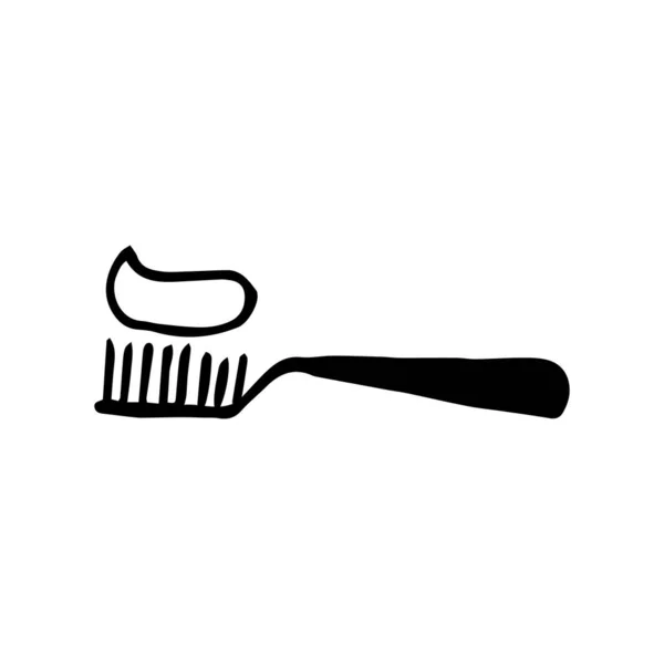Escova de dentes de esboço com pasta de dentes espremida no fundo isolado branco. Ilustração vetorial. Produtos de higiene dentária desenhados à mão. — Vetor de Stock