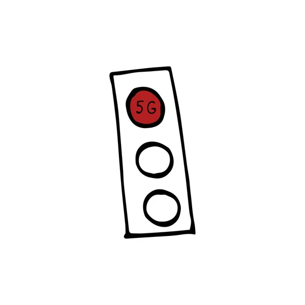 Het verkeerslicht brandt rood op het lampje van 5 g. Vector illustratie op witte geïsoleerde achtergrond. Doodle stijl. Concept. Gevaarlijke technologie. Op rode semafoor 5 g. — Stockvector
