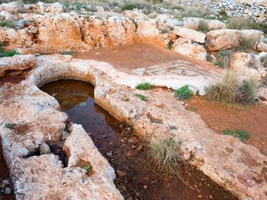Mozaik cape Matapas veya Tainaron Mani, Laconia, Peloponnese, Yunanistan ile Harabeleri