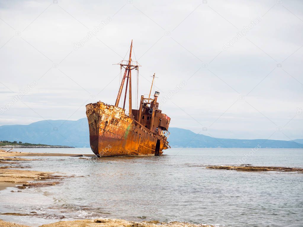 Old rusty shipwreck Agios Dimitrios on the beach in Githeio,Peloponnese, Greece