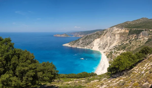 Myrtos Пляж Панорамний Вид Зверху Острові Кефалінія Греція Стокове Фото