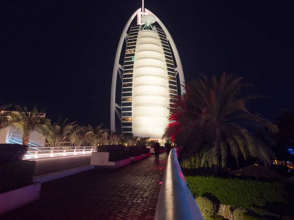 Dubai Emirados Árabes Unidos Dezembro 2017 Burj Arab Hotel Noite — Fotografia de Stock