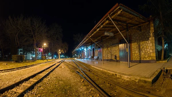 Velha Estação Ferroviária Tradicional Noite Aldeia Kalavrita Peloponeso Grécia — Fotografia de Stock