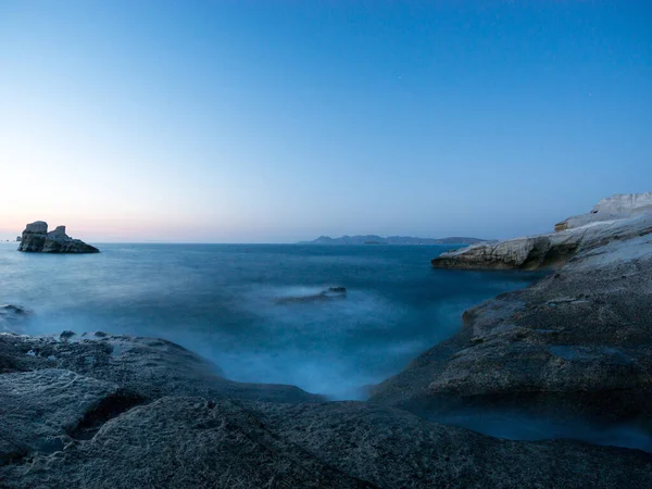 Solnedgång Vid Stranden Sarakiniko Milos Kykladerna Grekland — Stockfoto