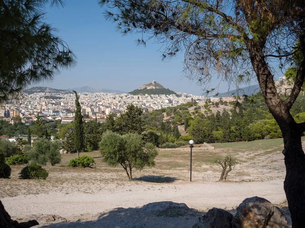 Het Uitzicht Parthenon Tempel Acropolis Heuvel Van Pnyx Athene Griekenland — Stockfoto