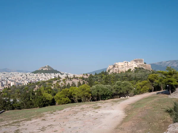 Utsikten Över Parthenon Templet Och Akropolis Kullen Från Pnyx Aten — Stockfoto