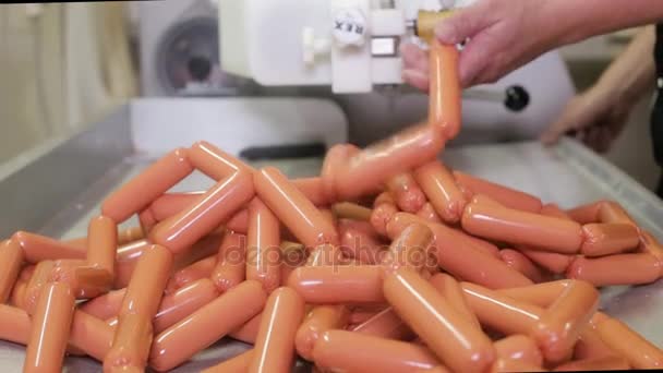 Производство колбас на заводе — стоковое видео