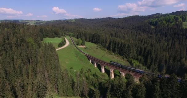 El tren va el viejo puente en las montañas Cárpatos — Vídeo de stock