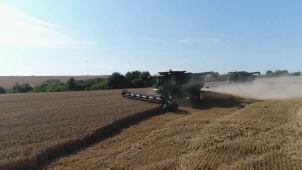 Dos cosechadoras en el trabajo en el campo, un primer plano desde el lado — Vídeos de Stock