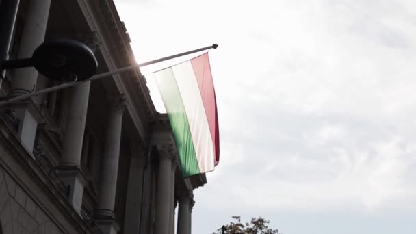 美丽的匈牙利议会大楼，悬挂匈牙利国旗，布达佩斯，特写 — 图库视频影像