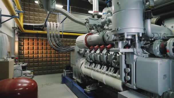 Special engine, valve and piping. equipment for biogas production. engine panorama — Stock Video