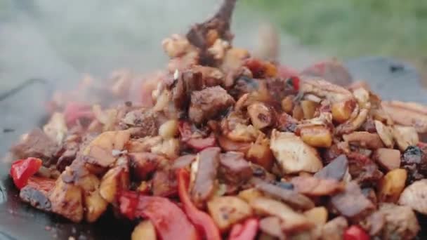 Cucinare cibo nella natura. cucinare carne in fiamme in montagna. vacanza in montagna — Video Stock