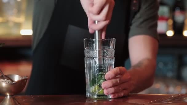 Het proces van het maken van limoen, munt en ijs cocktail, meng de cocktail met een lepel. Close-up van een ervaren barman die Mojito cocktails maakt met limoen, munt — Stockvideo