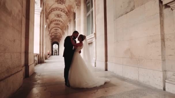 París, Francia, Museo del Louvre. Pareja enamorada. Novias — Vídeos de Stock