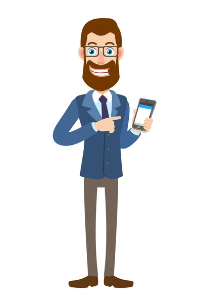 Hipster Empresário apontando para o celular em sua mão — Vetor de Stock
