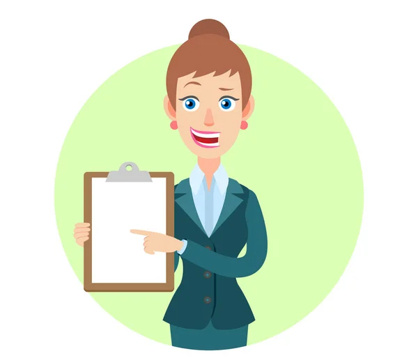 Businesswoman pointing at clipboard — Stock Vector
