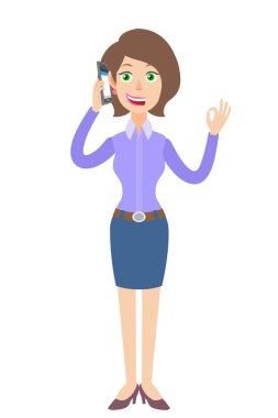 Cep telefonu üzerinde konuşurken ve iyi el si gösterilen bir işkadını