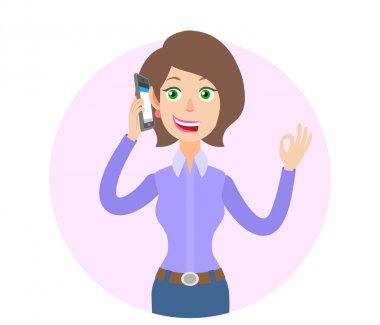 Cep telefonu üzerinde konuşurken ve iyi el si gösterilen bir işkadını