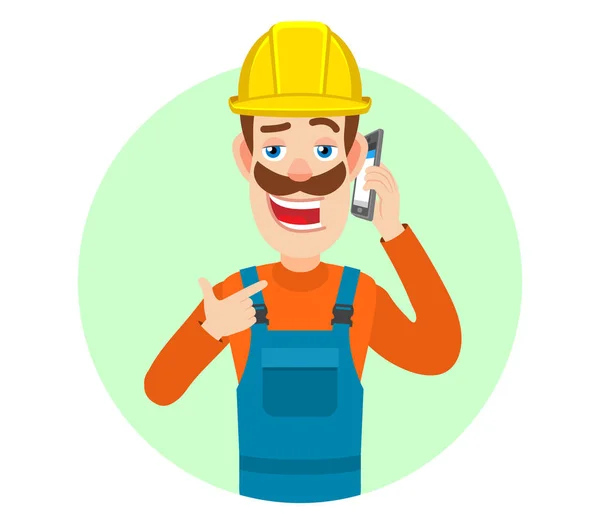 Builder pointing his finger at the mobile phone that he talks — Stock Vector