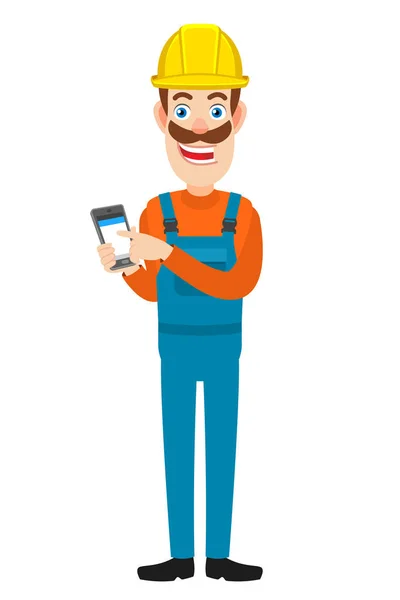 Builder using mobile phone — Stock Vector