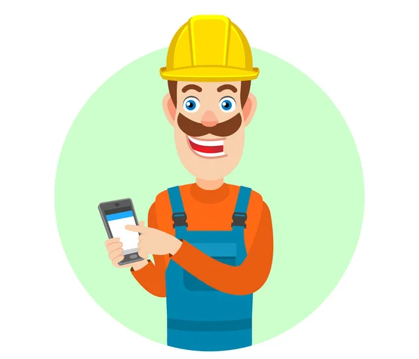 Builder using mobile phone — Stock Vector