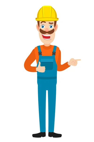 Builder showing thumb up and pointing something beside of him — Stock Vector