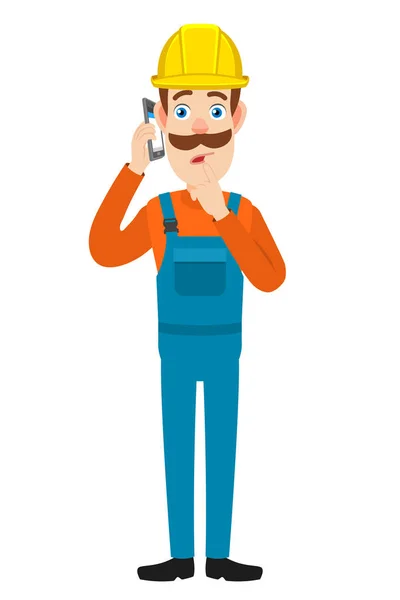 Builder talking on mobile phone and standing with his finger to — Stock Vector