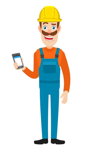 Builder holding mobile phone in hand — Stock Vector