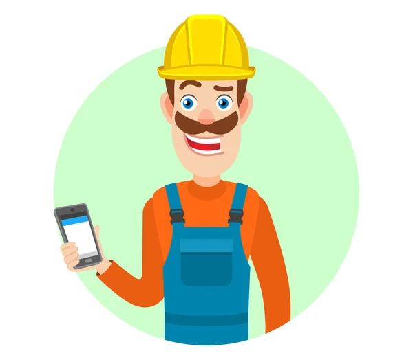 Builder holding mobile phone in hand — Stock Vector