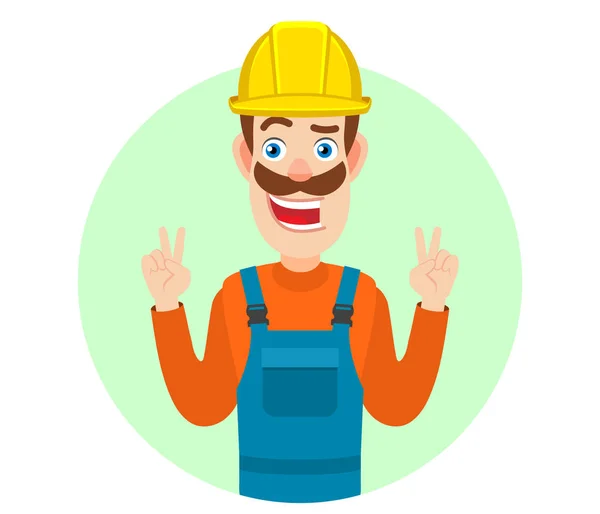 Builder showing victory hand sign or quotes hand sign — Stock Vector