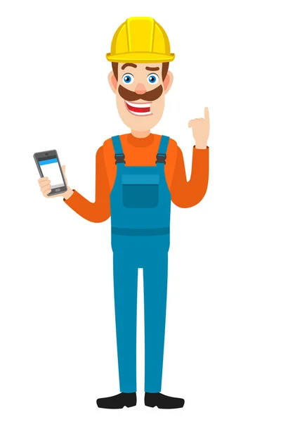 Builder with mobile phone and pointing up — Stock Vector