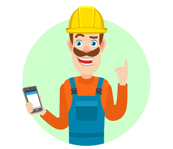 Builder with mobile phone and pointing up — Stock Vector