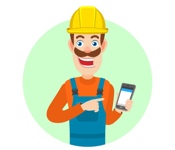 Constructor apuntando al teléfono móvil en su mano — Vector de stock