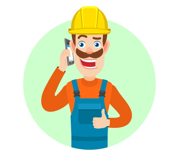 Construtor falando no celular e mostrando o polegar para cima — Vetor de Stock