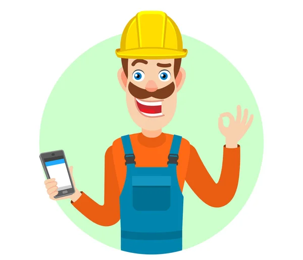 Builder holding mobile phone and showing a okay hand sign — Stock Vector