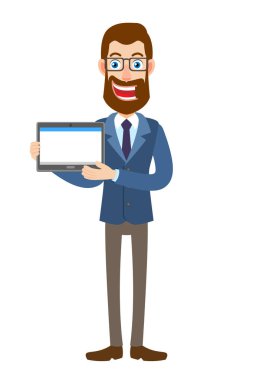 İki elle hipster işadamı holding tablet Pc