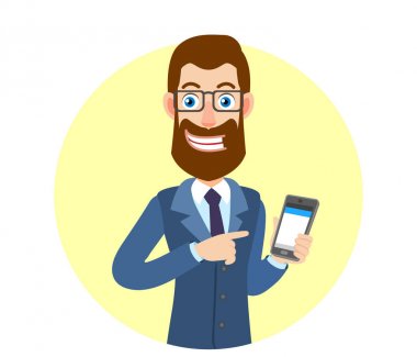 Cep telefonu elinde işaret hipster işadamı